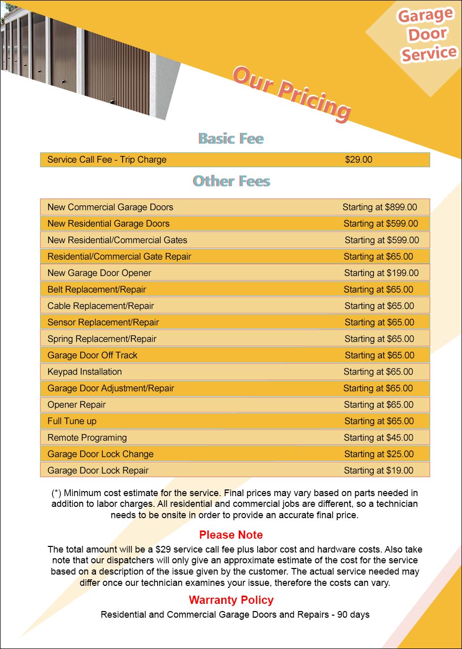 Price List Community Garage Door Service